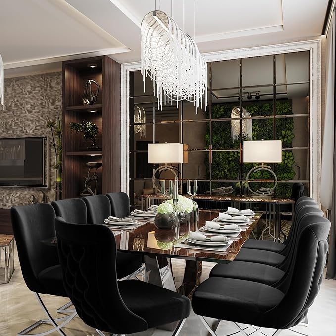 Ottomanson Royal Dining Chairs Set of 4 – Upholstered Tufted Microfiber, Assembled, Silver Metal Legs, Beech Wood Frame, 350 lb Capacity, Black