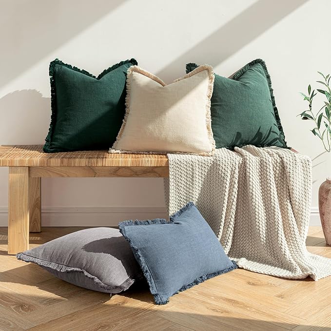 MIULEE Decorative Throw Pillow Covers Neutral Linen Fringe Throw Pillows Euro Shams Set of 2 Beige Boho Farmhouse Cushion Covers for Couch Sofa Bed Living Room Spring Home Decor 24x24 Inch