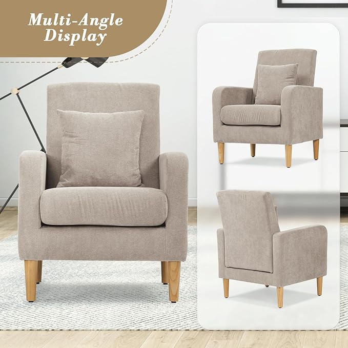 Athena Collection Modern Accent Chair with Cushion, Comfy Upholstered Fabric Reading Chair for Adult, Soft Sofa Armchair for Living Room, Bedroom, Dorm, Beige