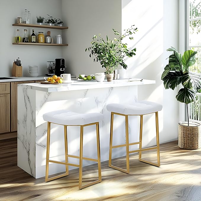 White & Gold Counter Height Bar Stools Set of 4 for Kitchen Counter Modern Backless Barstools with Upholstered Faux Leather Seat and Metal Frame Industrial 24 inch Bar Chairs