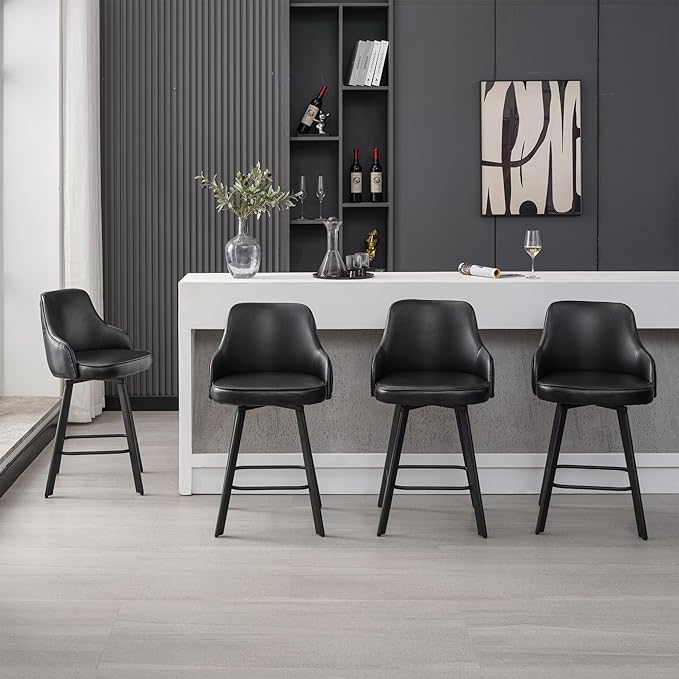 Bar Stools Set of 3, 26" Swivel Counter Height Bar Stools with High Back, Faux Leather Kitchen Barstools Counter Height for Kitchen Island (Black, 3PCS 26" Counter Stools)