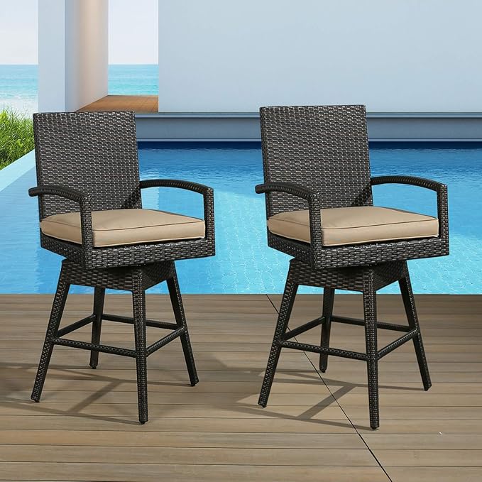Ulax furniture 2-Pack All-Weather Brown Wicker Outdoor Patio Swivel Bar Stool with Cushion