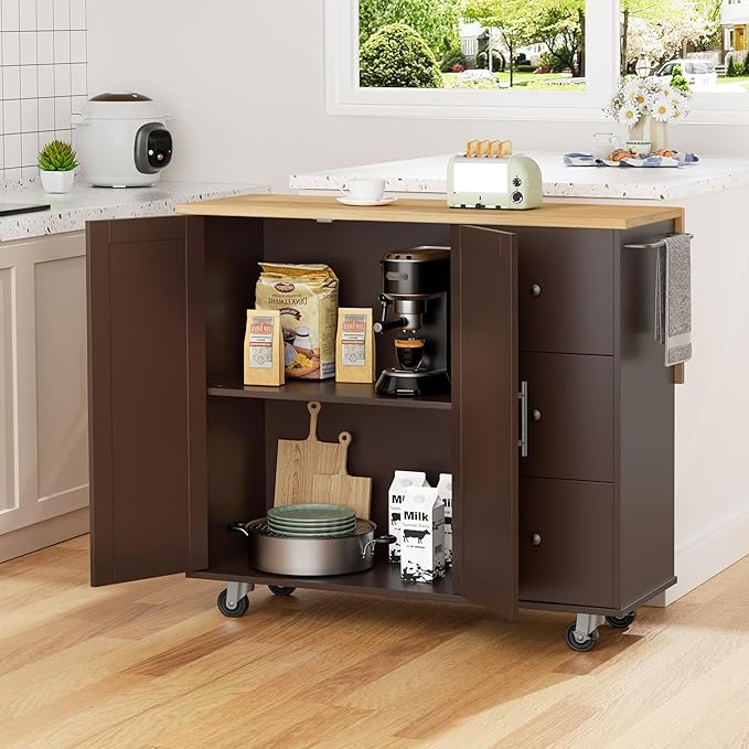 Shintenchi Kitchen Island with Folding Drop Leaf, Rolling Island Table with Storage, Kitchen Cabinet on Wheels with Seating Area for Kitchen, Bar Cart with Cabinet, Brown