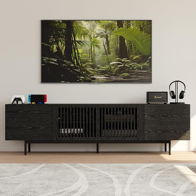 POVISON Full Assembled Mid-Century Modern TV Stand with Slatted Doors, Wood Media Console for 75 Inch TV, TV Console with Tall-cast Metal Legs, Entertainment Center with Storage for Living Room