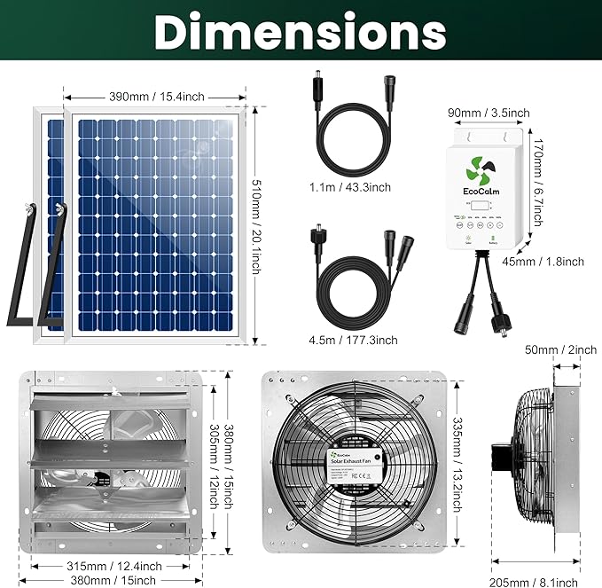 12" Solar Exhaust Fan for Greenhouse with Battery and Adjustable Thermostat, Attic Fans for Garage and Shed with 2PCS 30W Bifacial Solar Panels
