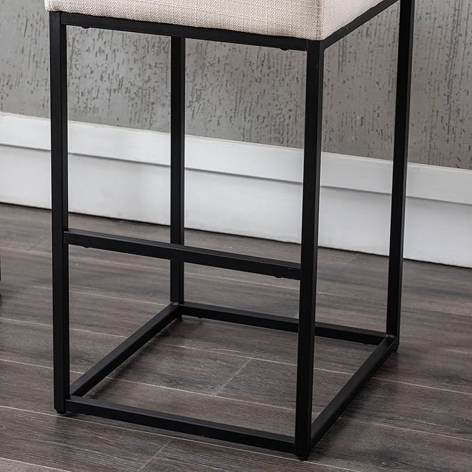 VESCASA Linen 31 inches Bar Height Bar Stools with Padded Back, Modern Upholstered Bar Stool Chairs with Black Metal Frame for Kitchen Island, Pub, Set of 3, Cream