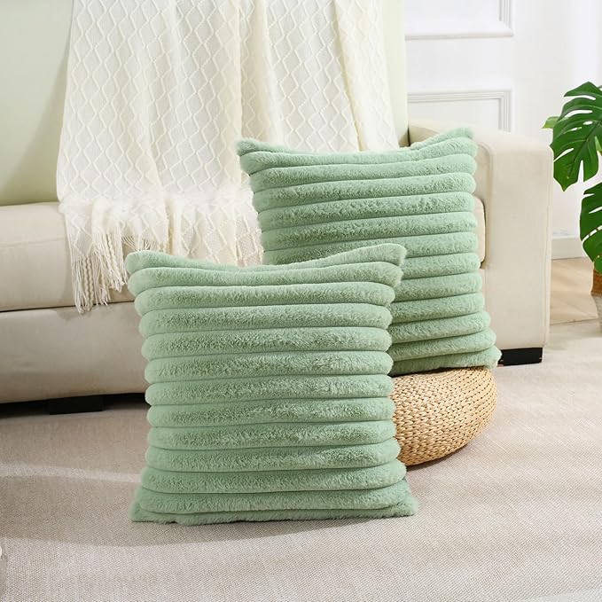 FUTEI Sage Green Striped Decorative Throw Pillow Covers 22x22 Inch Set of 2,Square Fall Decorations Couch Pillow Case,Soft Cozy Faux Rabbit Fur & Velvet Back,Modern Home Decor for Bed