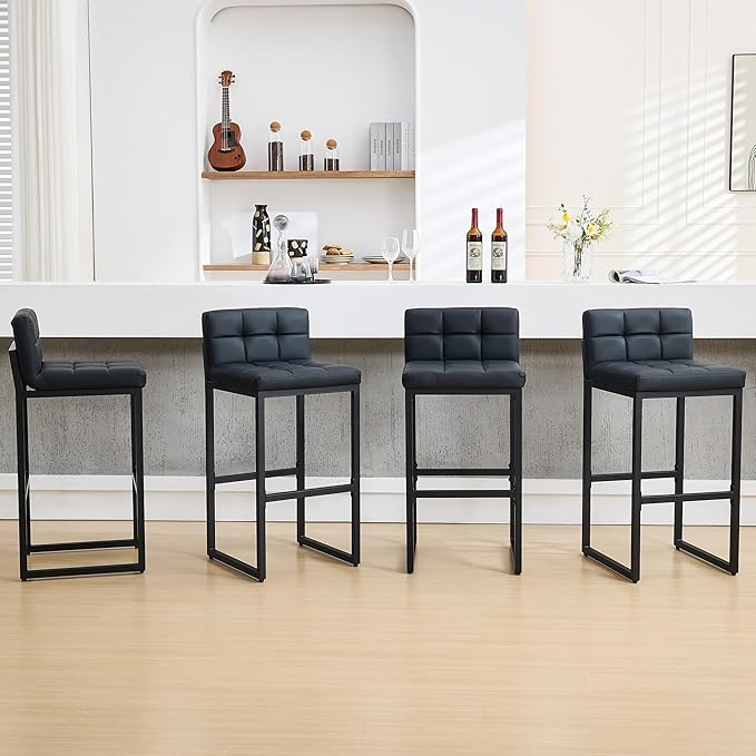Modern Bar Stools Set of 4, Upholstered Bar Height Barstools with Low Back and Thickened Metal Frame, 30-inch Tall Island Chairs for Kitchen Island, Bar, Counter (Black, 4Pcs 30" Bar Stools)