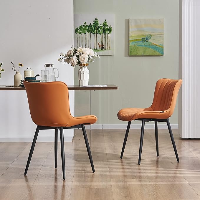 YOUNUOKE Dining Chairs Set of 2 Camel Mid Century Modern Kitchen Chairs Armless Faux Leather Upholstered Dinner Side Chair with Back for Guest Reception Living Room, Matte Orange