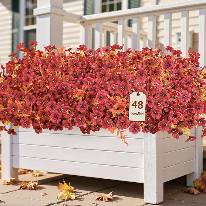 SHareconn 48 Bundles Artificial Fall Flowers for Outdoors Decoration, UV Resistant Silk Eucalyptus Lavender Faux Autumn Fake Plants for Outside Indoor Garden Yard Porch Home Decor, Orange Brown