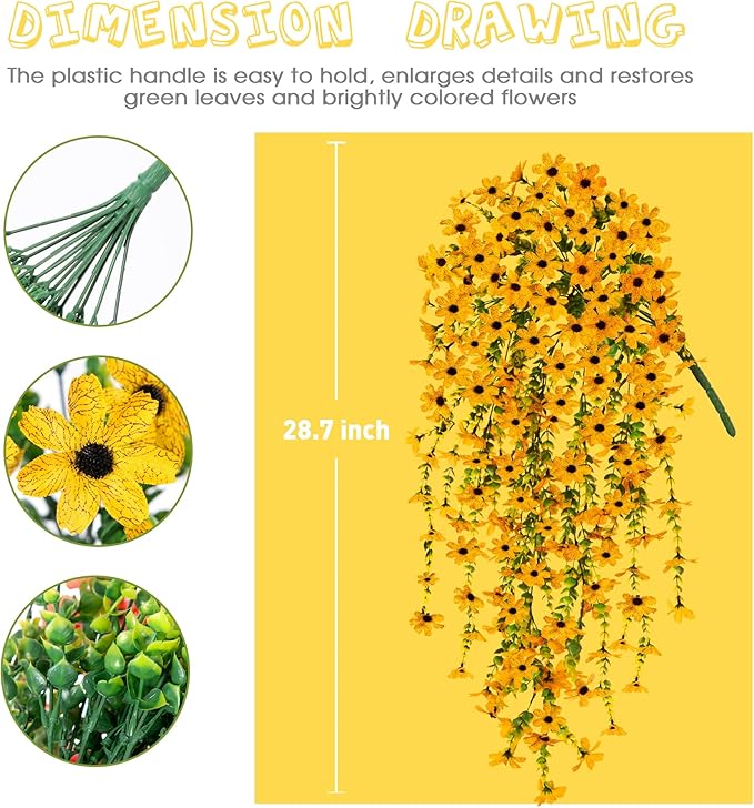 Fake Mums Fall Artificial Hanging Flowers for Outdoors Plants Decoration, 2 Bundles Faux Silk Colorful Daisy Eucalyptus Realistic UV Resistant for Outside Home Planter Porch Patio Yard Decor(Yellow)