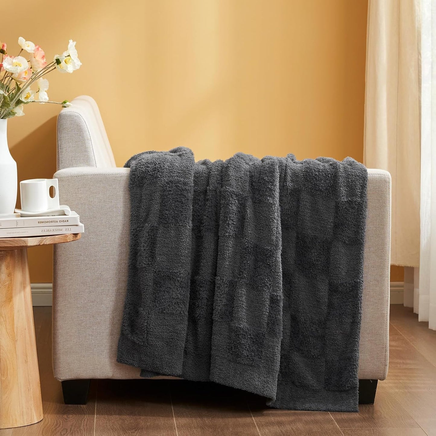 Snuggle Sac Faux Fur Checkered Blanket Twin Size with Soft Knitted Microfiber Fabric,Cozy Soft Warm Blanket for Sofa Bedroom Living Room,Solid Dark Grey,60x80 inches