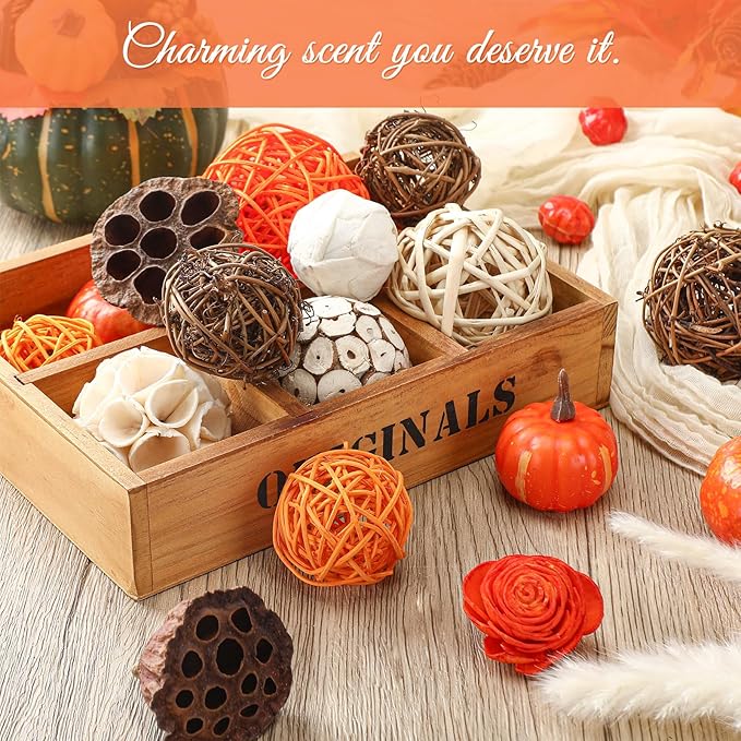 Riceshoot 2 Pack Decorative Balls Potpourri Bowl Filler Decor Natural Vase Bowl Filler Assorted Spherical Rattan Twigs Wicker Balls Cotton for Home Centerpiece(Orange)