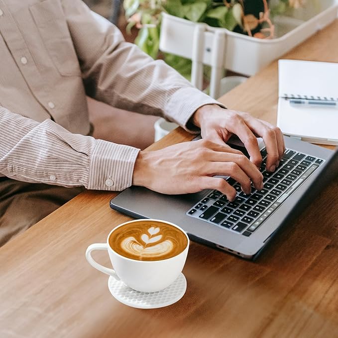 Coasters Set of 6 with Holder,Coasters for Drinks,Coffee Table Decor Coaster,Suitable for Kinds Cups,Anti-Slip,Non-Stick,Silicone Cup Coaster and Living Room Decor (6 Pcs, White)