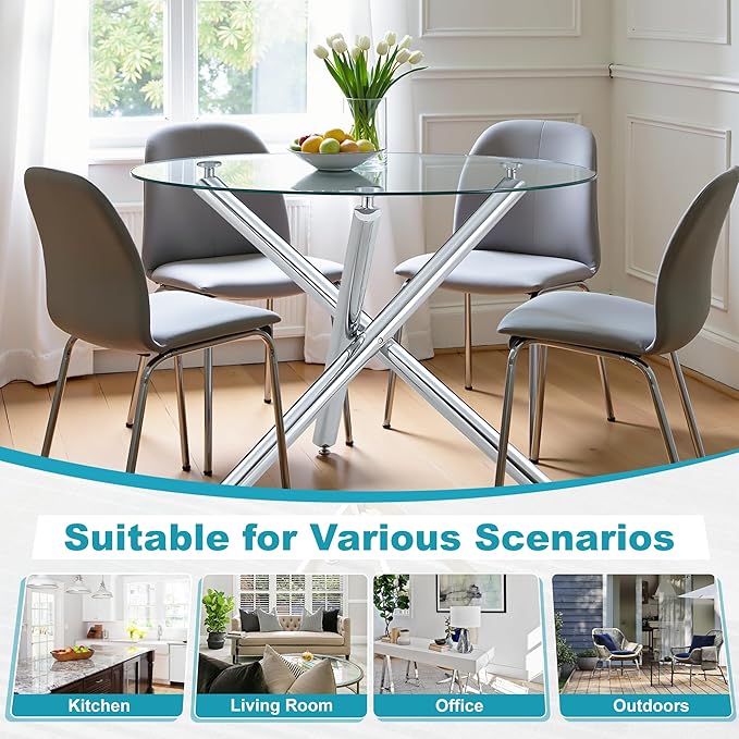 Kitchen Table Classic Dining Table for 4 Round Glass Dining Table 42" Kitchen & Dining Room Tables with Metal Legs and Glass Tabletop for Dining Room and Apartment, Silver