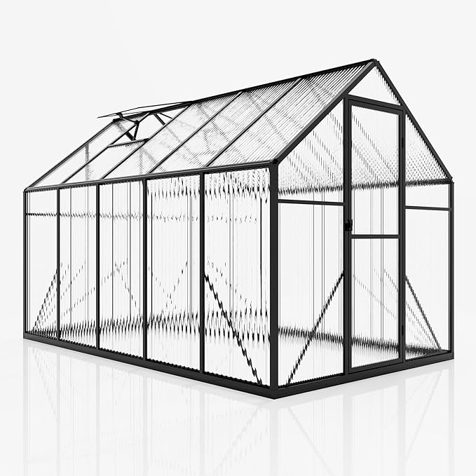 Amerlife 6x10x6.3 FT Ft Polycarbonate Greenhouse for Outdoors, Walk-in Design with Aluminum Frame, 2 Windows and Swing Door, Heavy-Duty Greenhouse Construction for Garden, Black