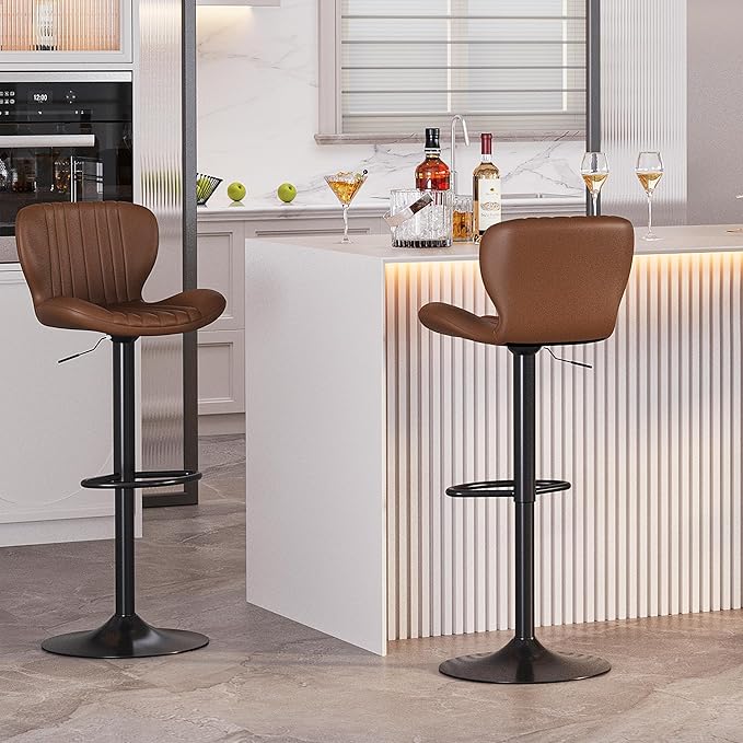 SUNLEI Swivel Swivel Bar Stools Set, Barstools Counter Height with Shell Shaped Backrest, Adjustable Moder Stools Pu Leather Bar Stool for Kitchen Counter, Island, Bars, Dining Room(Brown, Set of 2)