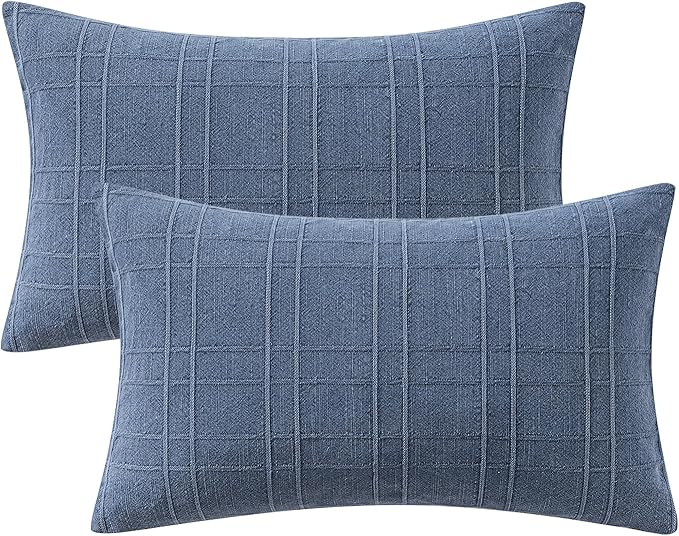 MIULEE Decorative Linen Check Lumar Throw Pillow Covers Neutral Farmhouse Vintage Pillow Covers 12x20 Set of 2 Boho Modern Home Decor for Sofa Couch Bedroom Cushion Blue