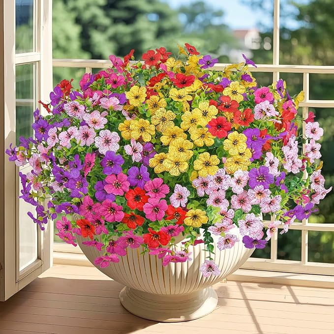 20 Bundles Artificial Flowers for Outdoors Decoration Fake Silk Flowers UV Resistant Faux Plants Artificial Daisy Eucalyptus for Spring Summer Garden Yard Porch Window Home Decor, Mix Colors
