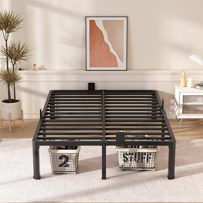 FUIOBYVV Queen Bed Frame with Round Corner Edge Legs 16 inch High 3500 lbs Heavy Duty Metal Platform Bed Frame Queen Size No Box Spring Needed/Non-Slip/Steel Slat Support/Noise Free
