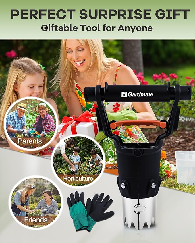 Bulb Planter Tool - One-Touch Automatic Bulb Planter for Bulbs, Seeds & Seedlings - 5" Depth Stainless Steel Garden Bulbs Dibber with Ergonomic Handle - No Bend Planting, Includes Gloves