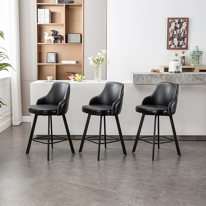 Bar Stools Set of 4, 26" Swivel Counter Height Bar Stools with High Back, Faux Leather Kitchen Barstools Counter Height for Kitchen Island (Black, 4PCS 26" Counter Stools)