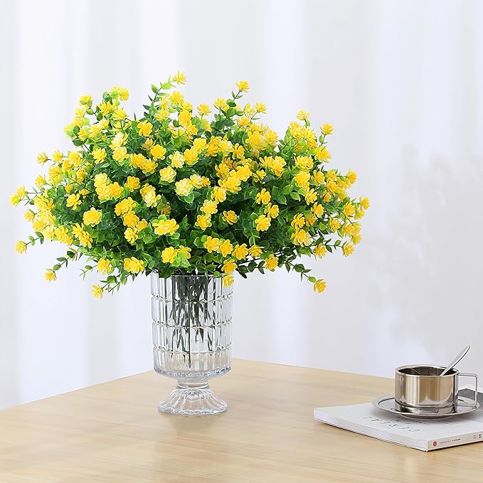 SITUMEIZI 8 Bundles Yellow Artificial Flowers Outdoor Fake Flower Plastic UV Resistant Shrubs Greenery Plants Hanging Decorations Garden Porch Window Box Farmhouse Outside Summer Indoor Decor