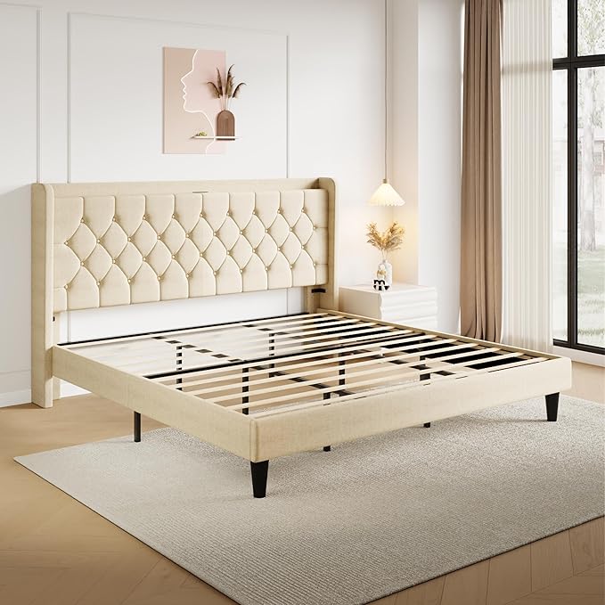 SHA CERLIN King Size Platform Bed Frame with Charging Station, Velvet Wingback Headboard with Storage Shelf, Wooden Slats Support, Ample Under-Bed Space, No Box Spring Needed, Easy Assembly, Beige