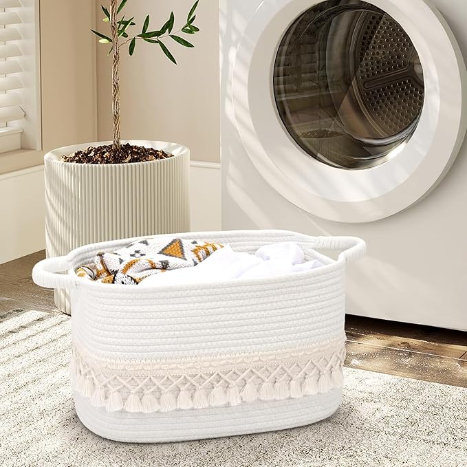 6 Pack Storage Basket for Shelves, Boho Cotton Rope Storage Bins with Heavy Tassel, Shelf Baskets Large Woven Baskets for Organizing, Cube Organizer Bins, Baby Laundry Basket for Clothes, Toys, Pets