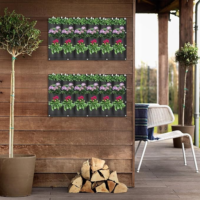 18 Pockets Hanging Grow Bags, 2 Pack Horizontal Wall Planter Plant Grow Bags Outdoor Indoor Hanging Planter for Balcony/Railing/Fence/Yard/Garden/Home Decoration, Black