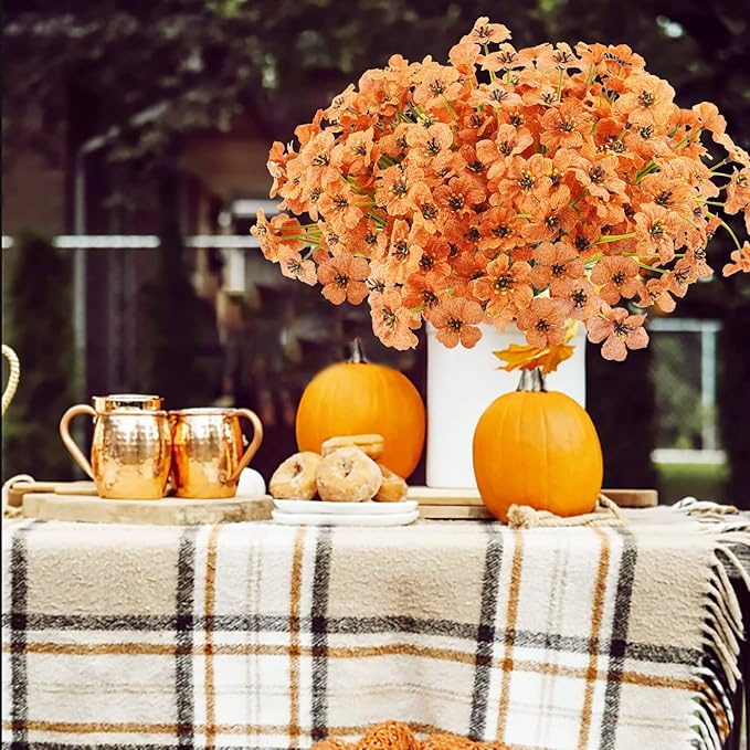 Uieke 72 Bundles Artificial Fall Flowers for Outdoors UV Resistant No Fade Faux Autumn Plants for Outside Home Garden Wedding Party Fall Décor (Orange)