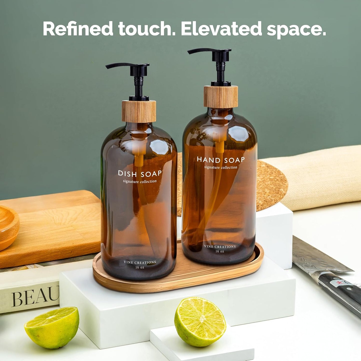 Vine Creations Amber Glass Soap Dispenser Set, Hand Soap and Dish Soap Dispenser Set with Bamboo Tray, 16 oz Glass Dispensers Bottle for Kitchen and Bathroom Decor Modern Boho with Bamboo Pump (Amber)