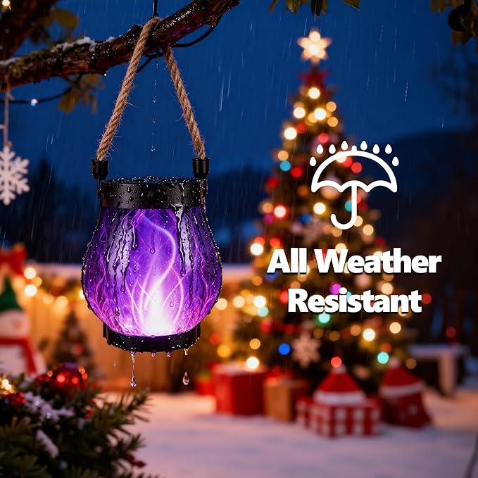 Christmas Solar Flame Lantern Hanging Outdoor Waterproof Purple - 2 Pack Flame Lanterns with Dual Charging Modes of Solar & USB for Garden or Yard Decorations (Purple - 2 Pack)
