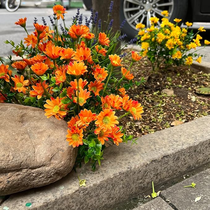 Fake Mums Look Real Fall Flowers 8 Bundles Thanksgiving Outdoor Decorations Artificial Orange Daisy Flower Outside Plants Silk for Autumn Front Porch Patio Planter Decor (8 Bundles Orange)