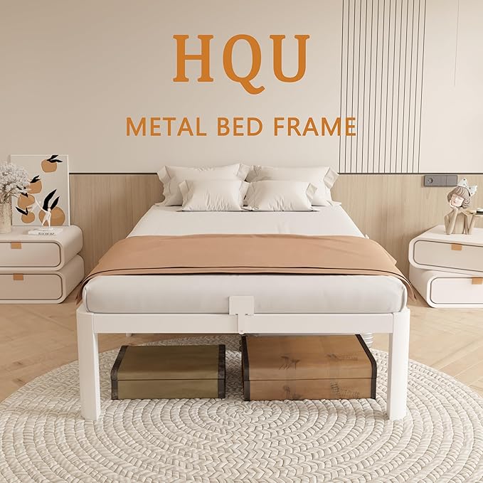 14 Inch Twin Size Bed Frame with Metal Gaskets, No Box Spring Needed, DIY Headboard, Heavy Duty Steel Slat Support, Anti-Slip Mattress Stopper, Round Corner Leg, Easy Assembly, White