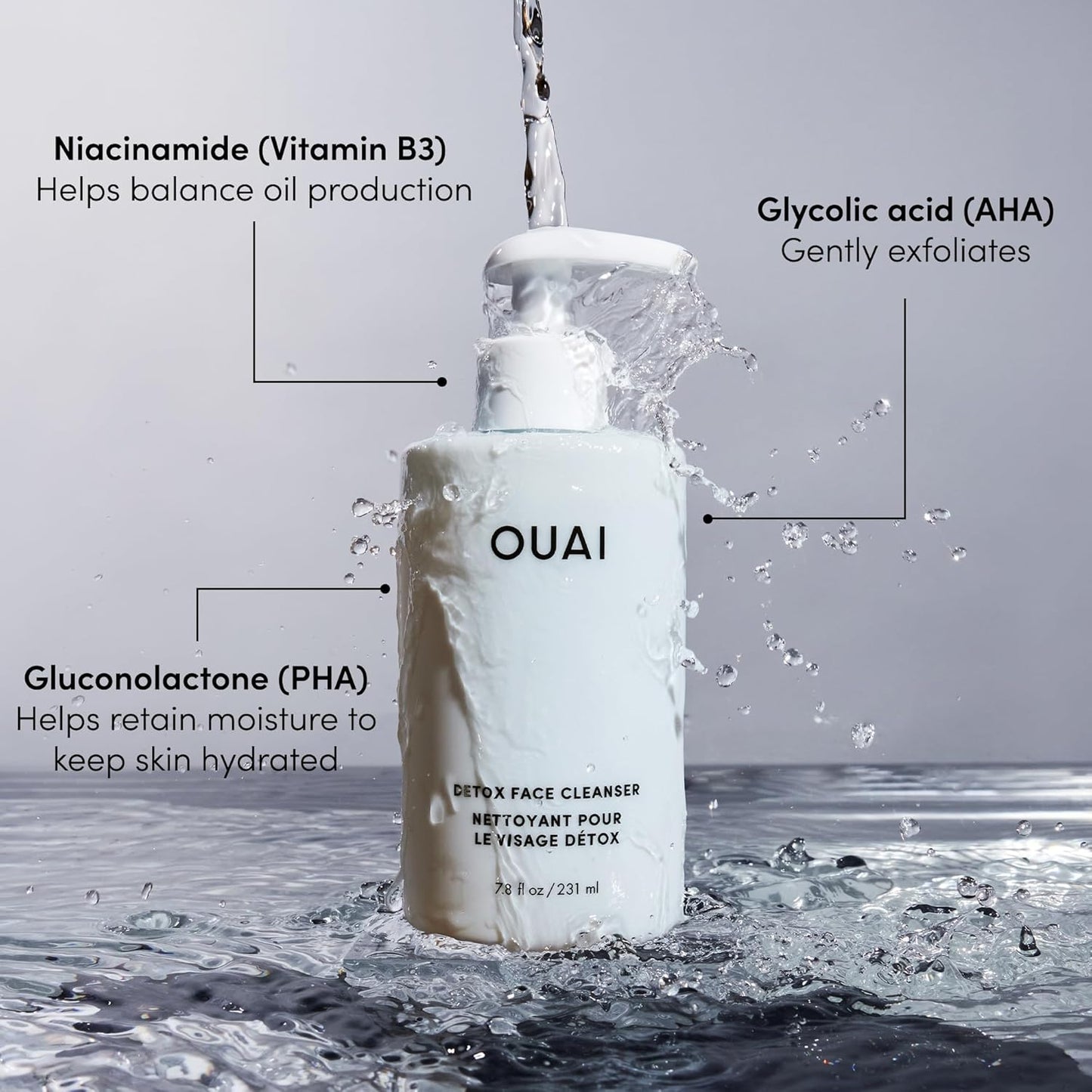 OUAI Detox Facial Cleanser - Deep Cleansing Face Wash with Glycolic Acid, Niacinamide & PHA - Removes Sweat, Dirt & Oil Without Drying - Gentle Face Cleanser for Post-Workout (7.8 Fl Oz)