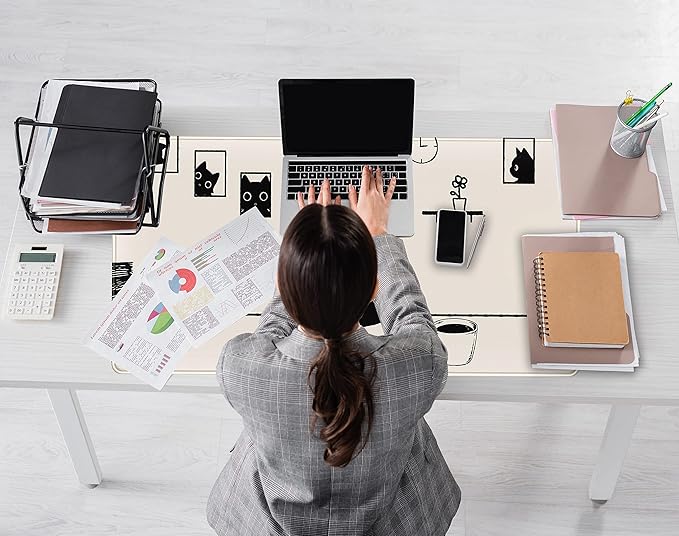 Aesthetic Beige White Anime Desk Mat Mouse Pad Cute Kawaii Minimalist Black Cartoon Cat XXL Large Extended Gaming Mousepad Desk Pad, PC Laptop Keyboard and Mouse Mat for Women Desk 31.5x15.75 in