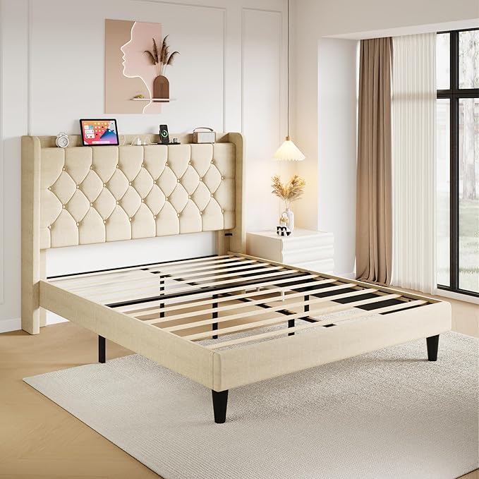 SHA CERLIN Full Size Platform Bed Frame with Charging Station, Velvet Wingback Headboard with Storage Shelf, Wooden Slats Support, Ample Under-Bed Space, No Box Spring Needed, Easy Assembly, Beige