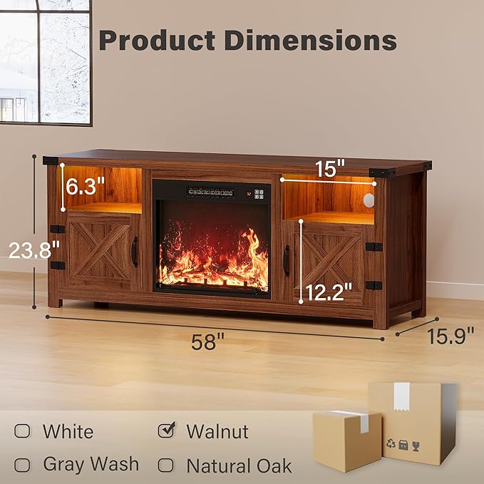 YESHOMY Fireplace TV Stand with Mood Lighting, LED TV Stand with Open Shelf, Farmhouse Media Console with Hidden Cable Routing, Entertainment Center for Televisions up to 65+ Inch, Walnut
