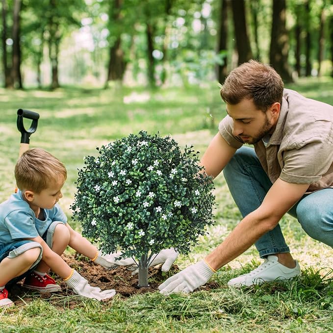 Artificial Boxwood Topiary Shrub with White Flowers,Set of 2 Artificial Boxwood Ball Bush with Metal Spike, UV Resistant Realistic Faux Shrubs for Garden, Yard, Patio, Porch Outdoor Decor