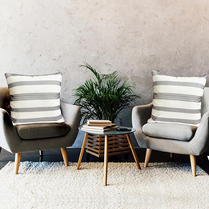 Decorative Throw Pillow Covers Set of 2 Light Gray Boho Striped Pillow Covers 16x16 Inch Throw Pillow Cover Linen Pillowcase Farmhouse Outdoor Pillow Covers for Couch Sofa Bed Living Room