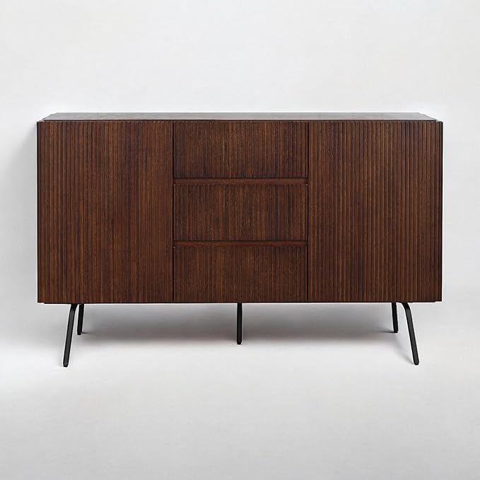 NTC Veil Sideboard with 2 Doors and 3 Drawers, Buffet Cabinet with Vertical Groove Design and Metal Legs, Storage Cabinet for Living Room, and Entryway, Effortless Assembly - Dark Walnut