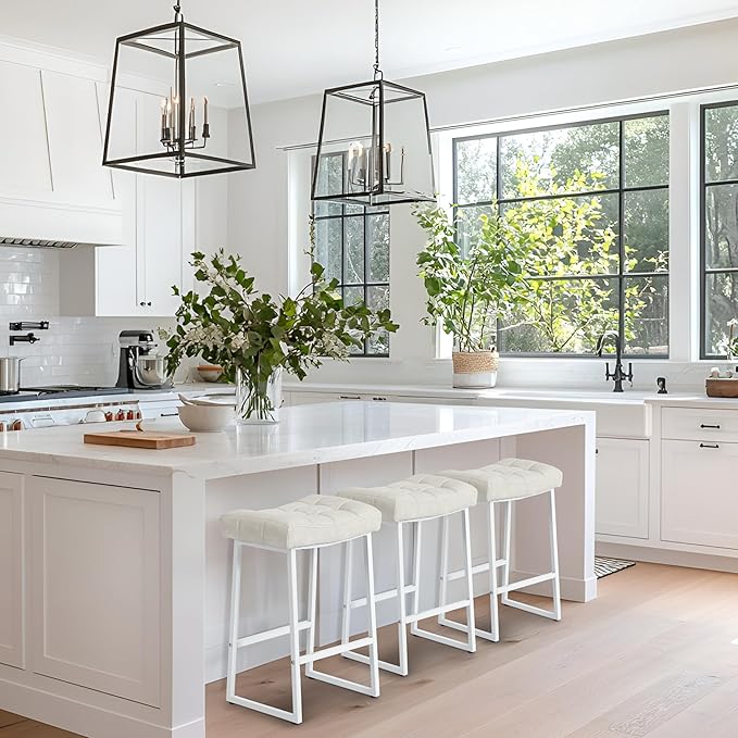 White & Beige Counter Height Bar Stools Set of 6 for Kitchen Counter Modern Backless Barstools with Upholstered Faux Leather Seat and Metal Frame Industrial 24 inch Bar Chairs