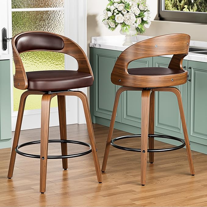 Bar Stools Set of 4, 26" Swivel Counter Height Barstools with Bentwood Legs and Back, Mid Century Modern Faux Leather Upholstered Bar Chairs for Kitchen Island, Restaurant, Brown