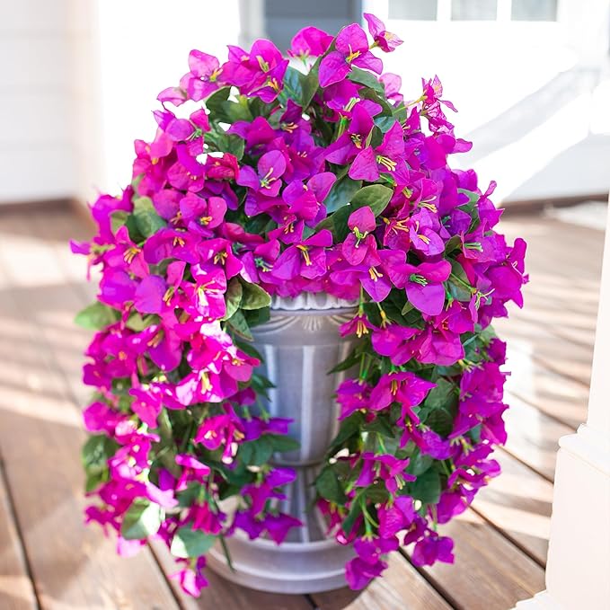 Bougainvillea Artificial Hanging Flowers Plants for Outdoors Decoration, 2pcs Fake Flowers Silk Bougainvillea Vines Realistic UV Resistant Faux Flowers for Outdoor Planters Patio Urn, Purple