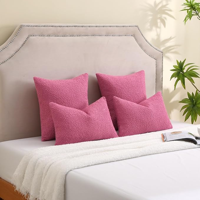 FUTEI Pack of 2 Hot Pink Decorative Throw Pillow Covers 26x26 Inch Soft Cozy Solid Boucle Textured Euro Pillow Shams,Modern Home Decor for Couch Bed Living Room