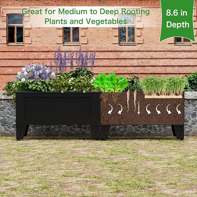Raised Garden Bed with Low Profile Design Metal Planter Box for Growing Fresh Herbs Vegetables Flowers Succulents&Other Plants for Outdoor Backyard Patio Deck Balcony Black