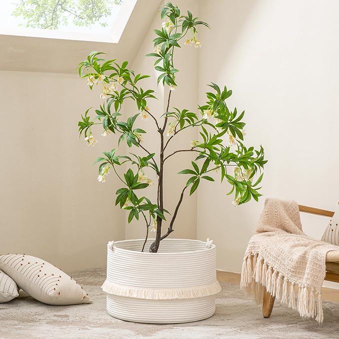 KAKAMAY Large Blanket Basket (20"x13"),Woven Baskets for storage Baby Laundry Hamper, Cotton Rope Blanket Basket for Living Room, Laundry, Nursery, Pillows, Baby Toy chest (White)