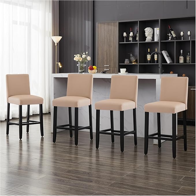 26'' Faux Leather Bar Stools Set of 4, Modern Upholstered Bar Chairs with Back, Soild Wood Legs Barstools for Kitchen Island, Light Brown