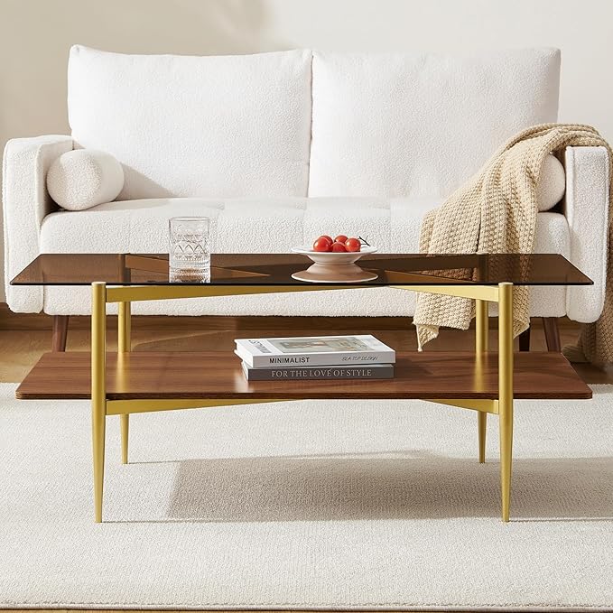 Rectangle Coffee Table, Mid-Century Modern Design, L41*W21*H17 inch, for Living Room, Amber Glass Top and Walnut Finish Wood Shelf, Conical Metal Legs with Gold Finish